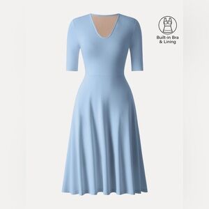 NEW OGL Move Stretch Cotton V-Neck Elbow Sleeve Midi Bra Dress